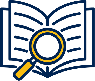An open book with a yellow magnifying glass hovering over top of it.